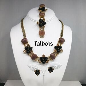 Talbots Rhinestone Necklace Bracelet Earrings Set, Black Brown Cabs, 21"  7 1/2"